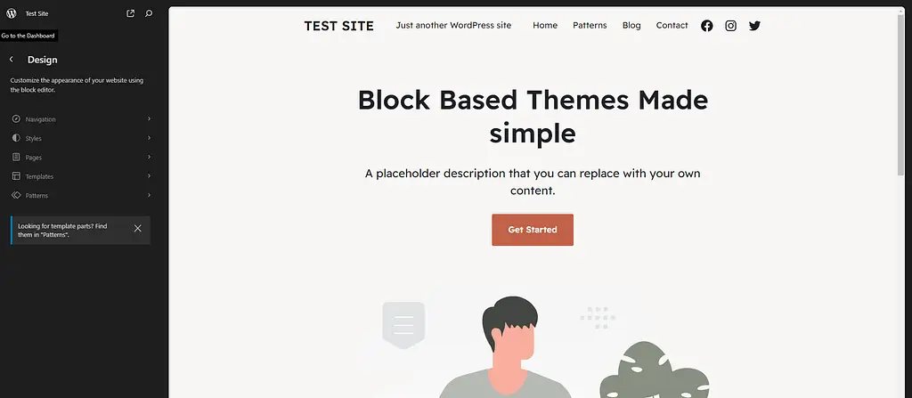 The first screen you see when you access the WordPress Full Site Editor using the Raft block theme.