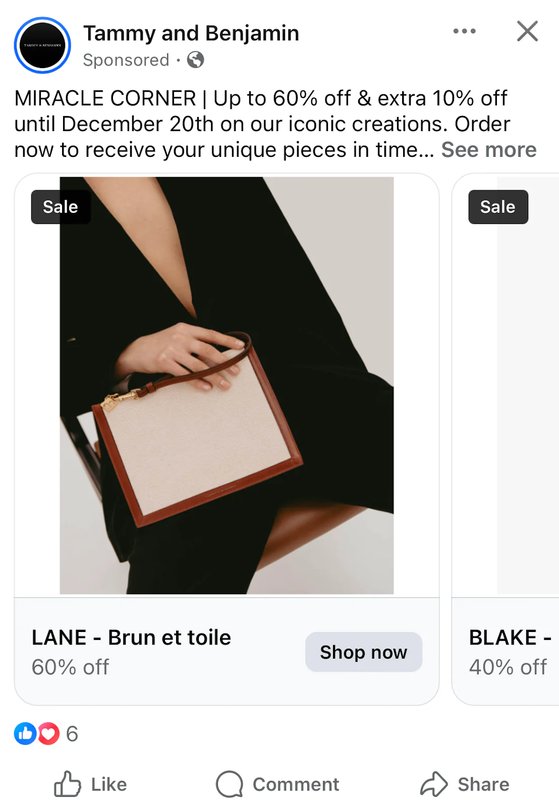 Tammy & Benjamin Facebook ad featuring a woman dressed in black holding a brown and tan handbag.