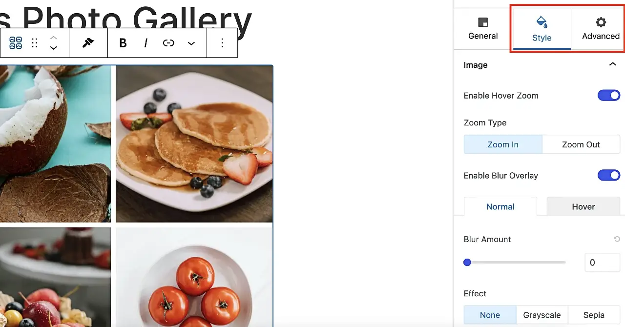 The style and advanced tabs inside the image gallery block.