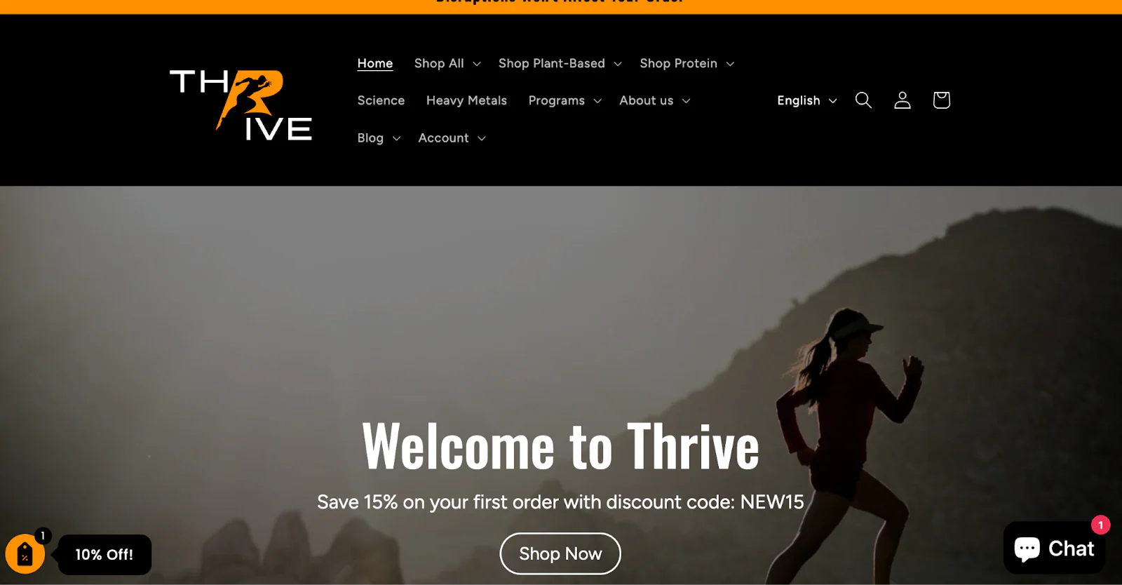 The website for Thrive Protein uses black and white with bright orange accents.