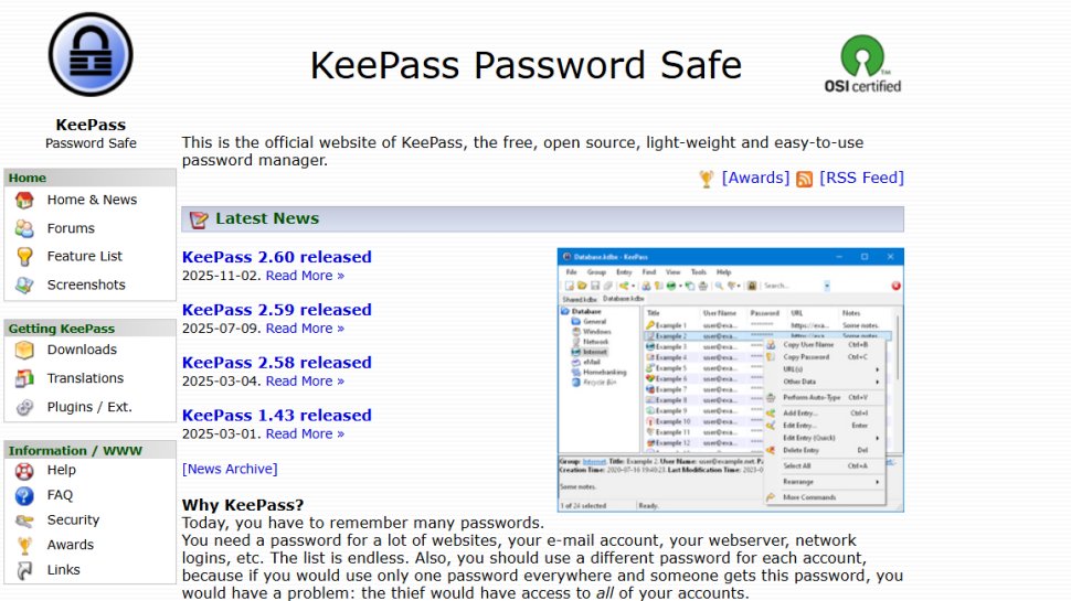 Website screenshot of KeePass (December, 2025)