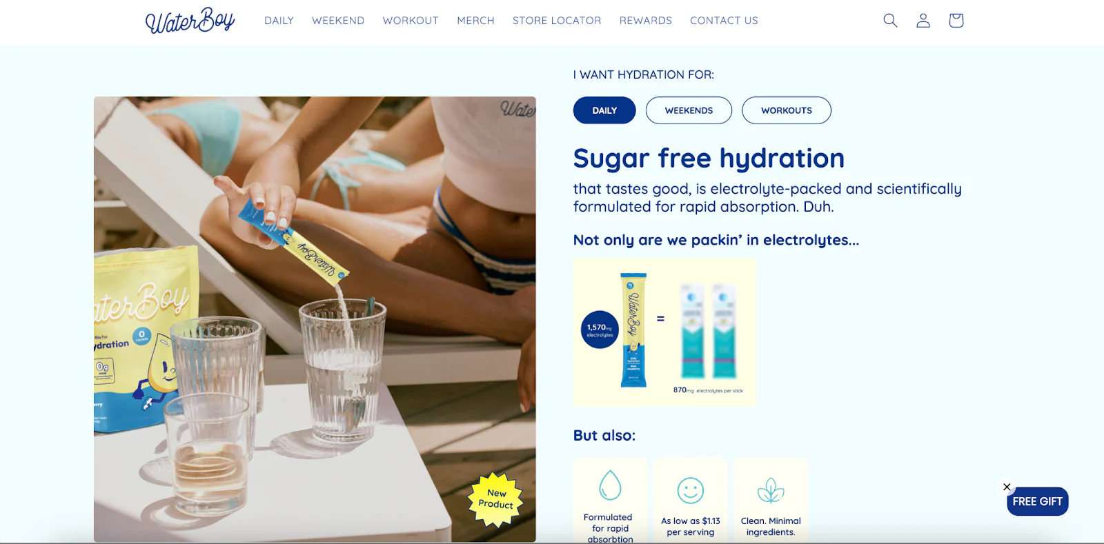 Waterboy homepage, featuring electrolyte sachet being poured into a glass of water.