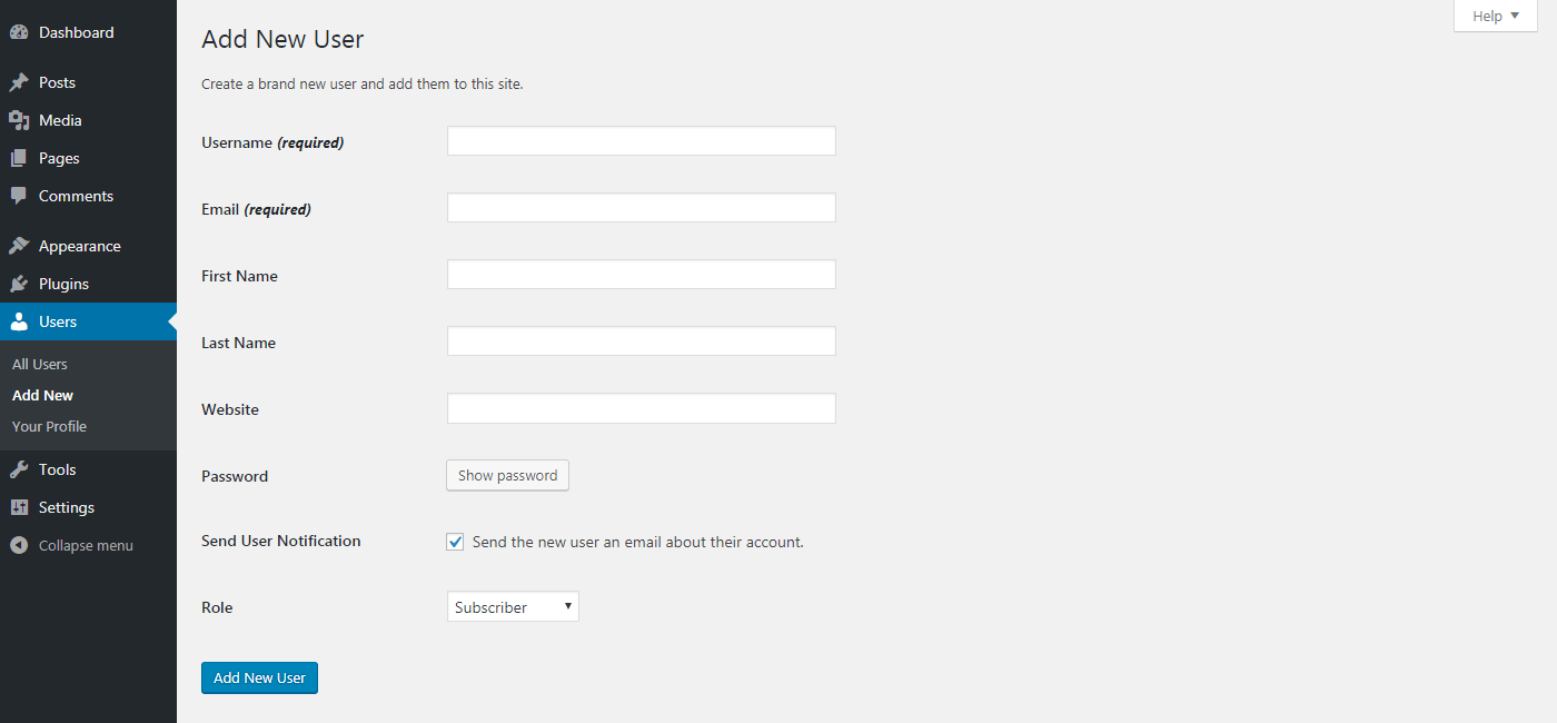 WordPress' Add New User screen.