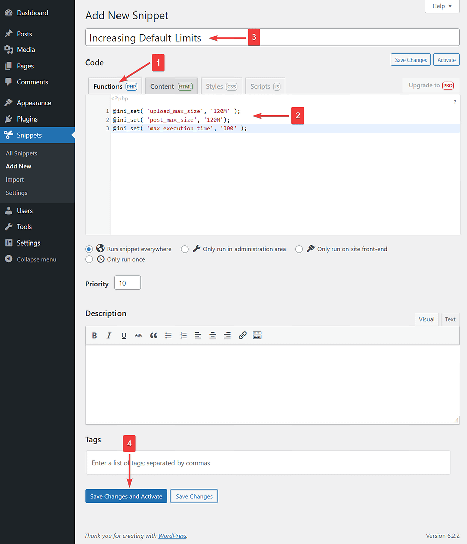 adding code using code snippet plugin.