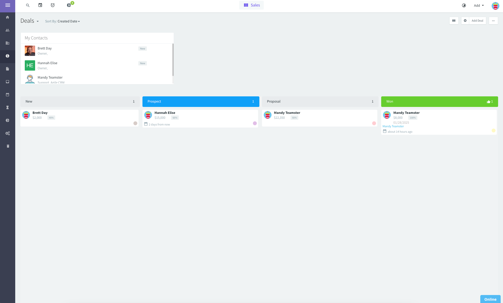 A screenshot of a deals pipeline in Agile CRM.