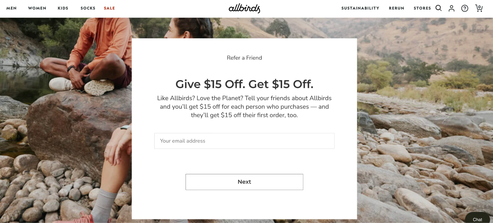 Popup on Allbirds website showing $15 for referring a friend.