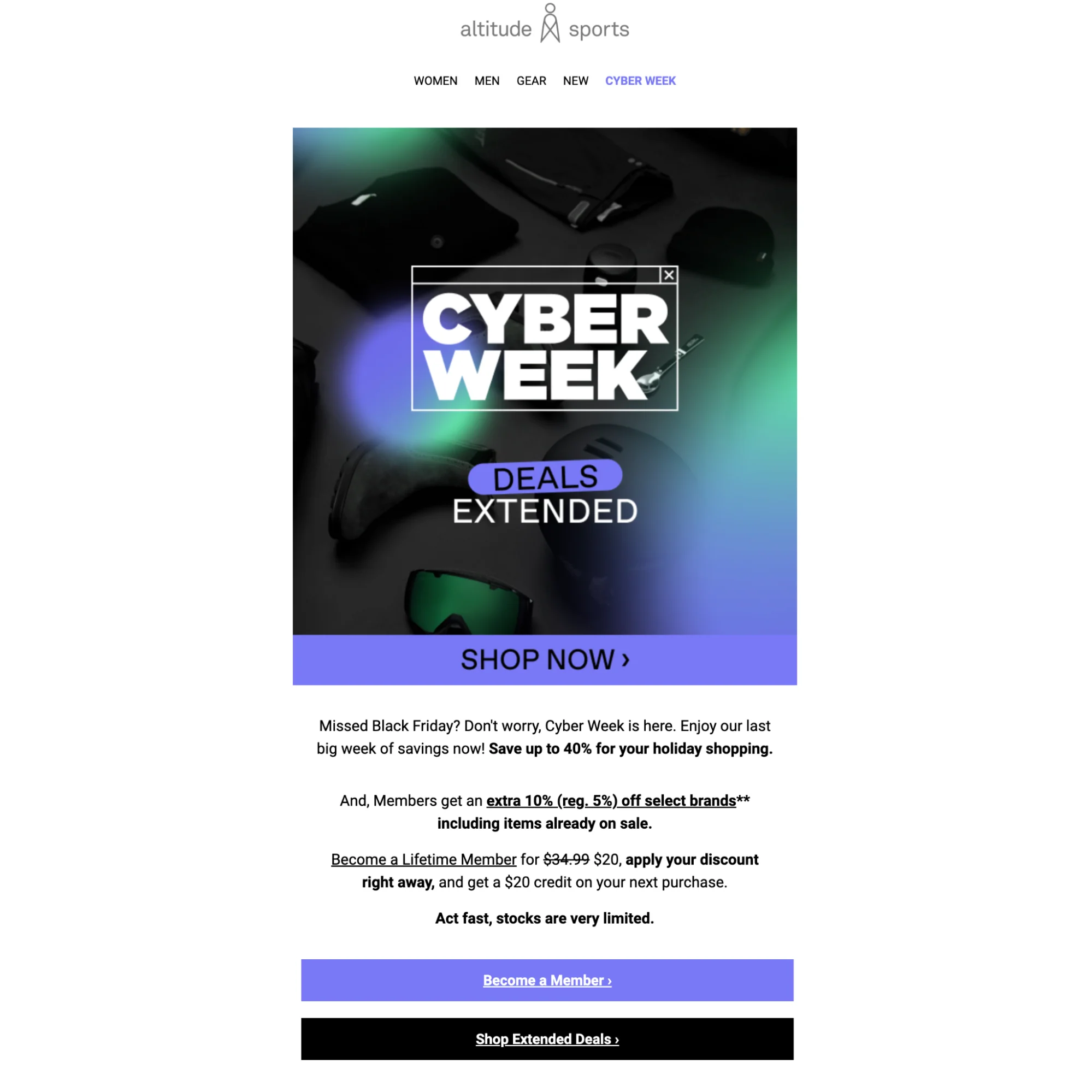 Email from Altitude Sports that encourages customers to become a member to get exclusive deals.