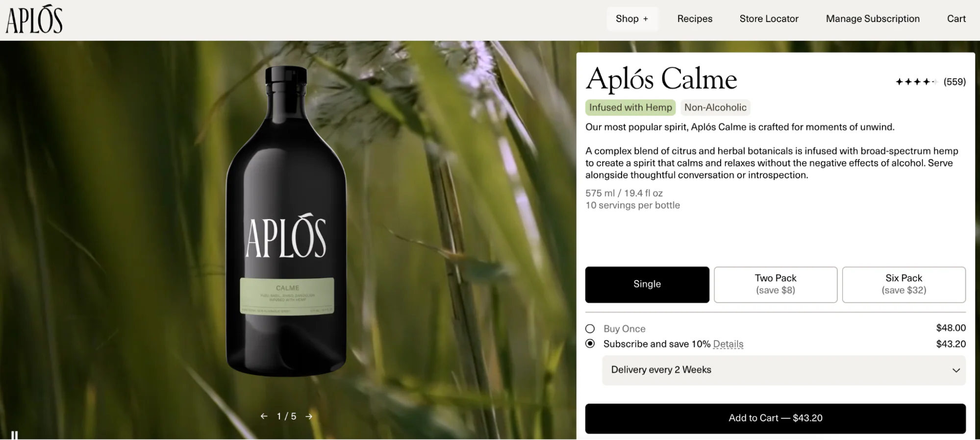 Aplós’ product page showing a “Subscribe and save 10%” option.