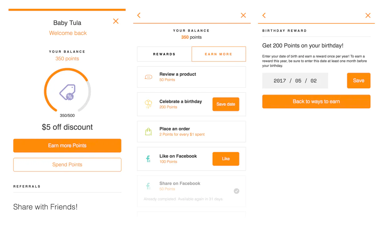 Three screens showing Baby Tula’s rewards program.