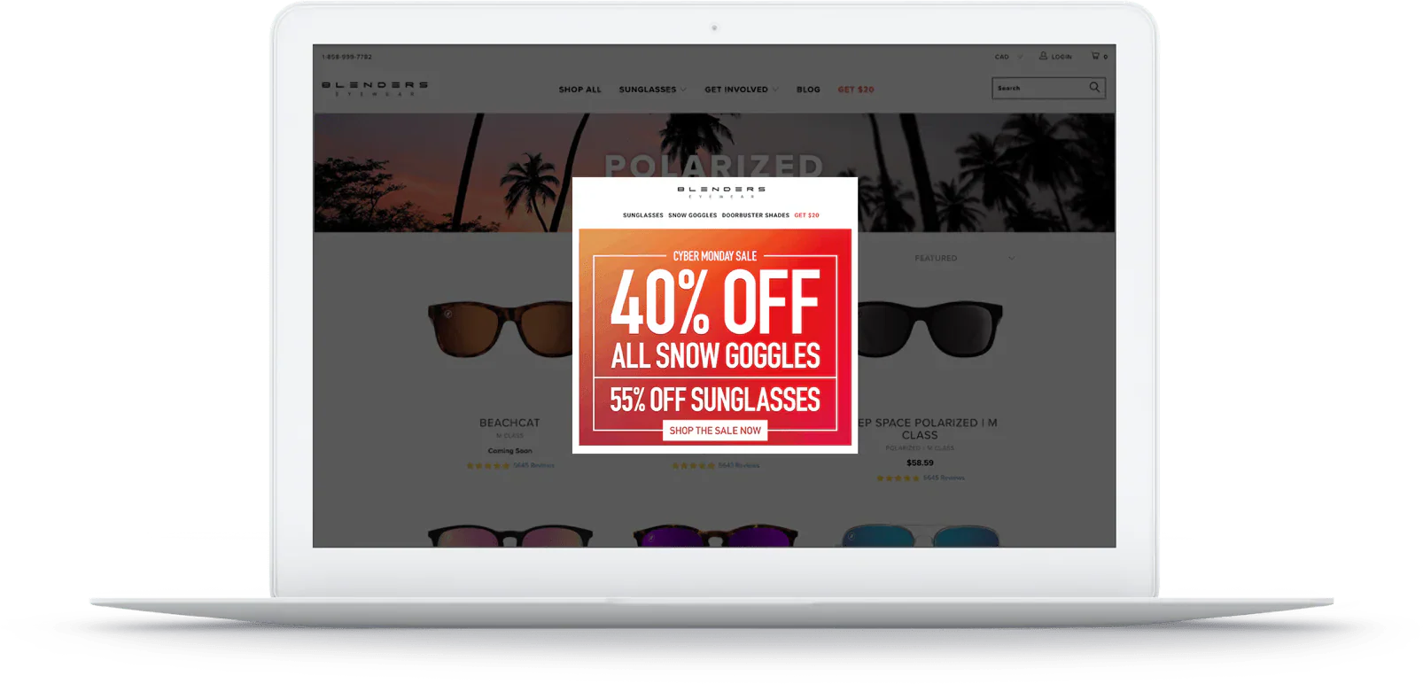 Macbook mockup of Blenders Eyewears’ website showing a popup that offers 40% off all snow goggles.