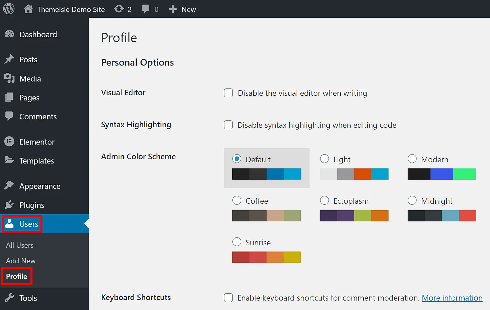 Open WordPress profile