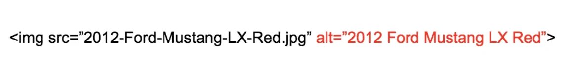 Example of an HTML <img> tag with alt text for a red 2012 Ford Mustang LX.