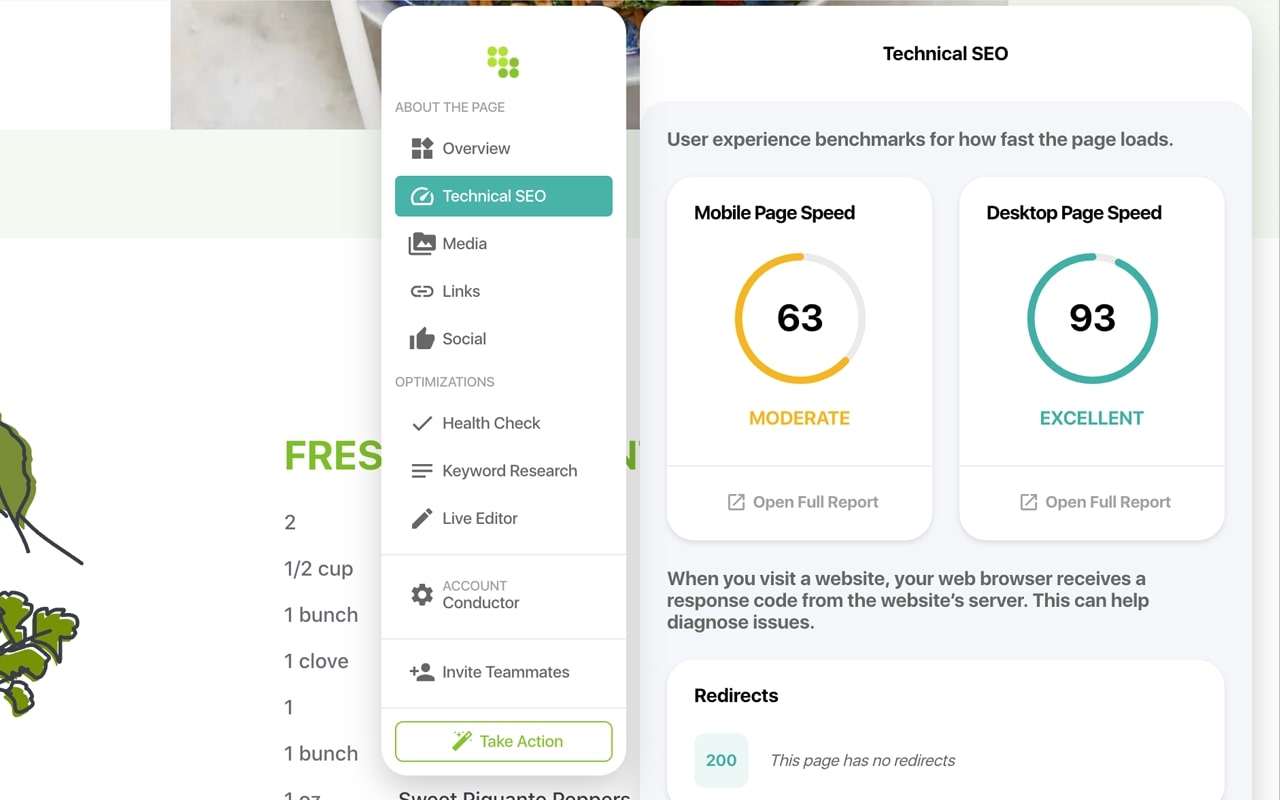 Conductor’s dashboard shows the mobile page speed score and desktop score under the technical SEO tab.