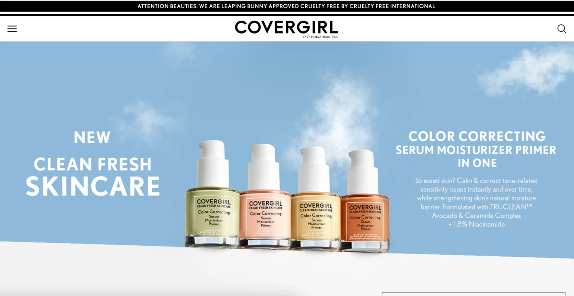 A CoverGirl promotional image showcasing four bottles of serum moisturizer primer with the headline "New. Clean Fresh. Skincare."