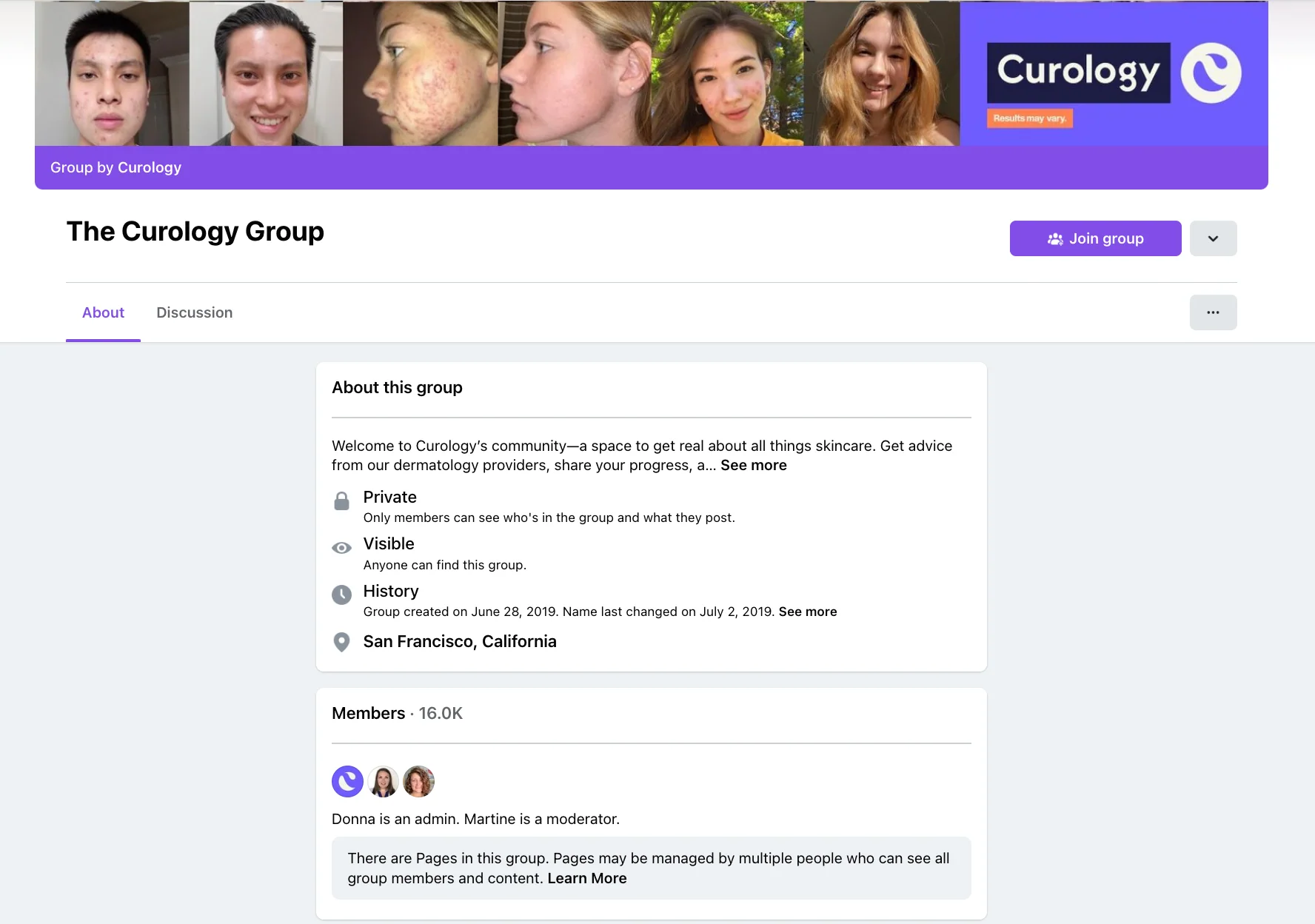 A screenshot of the Curology group's Facebook page.