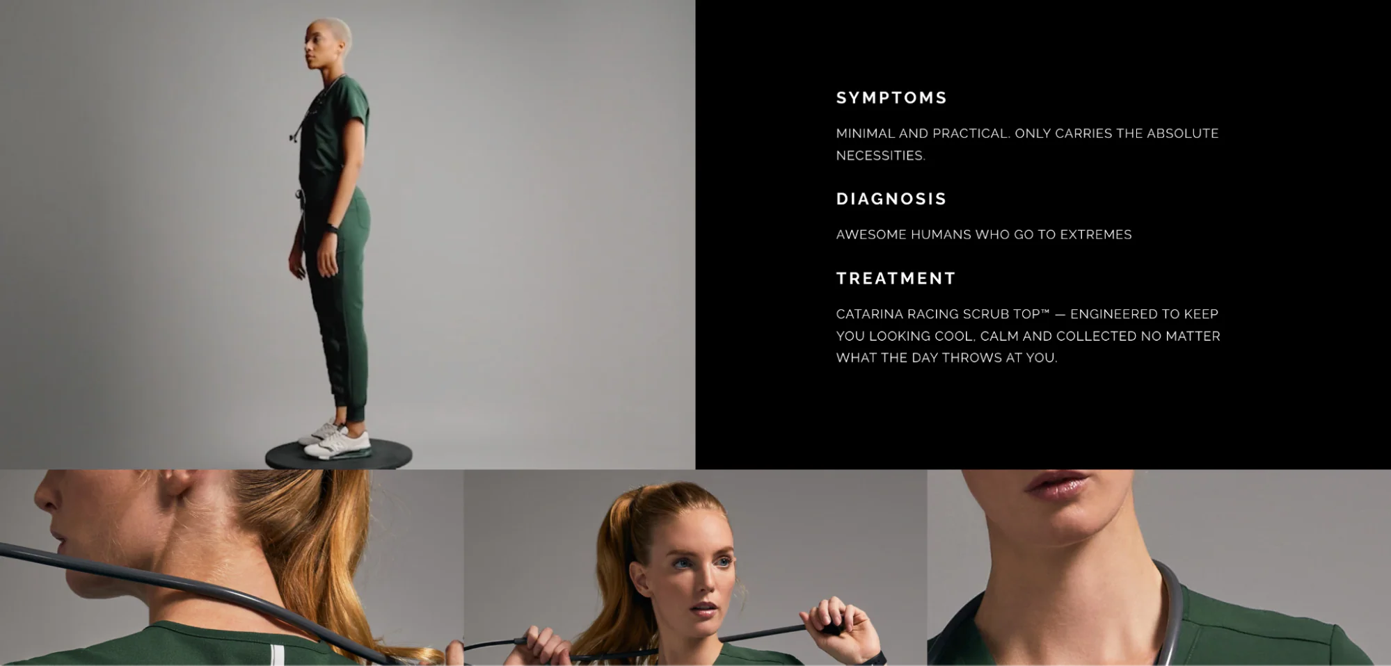 Model wearing medical scrubs, positioned next to industry terms: symptoms, diagnosis, treatment.