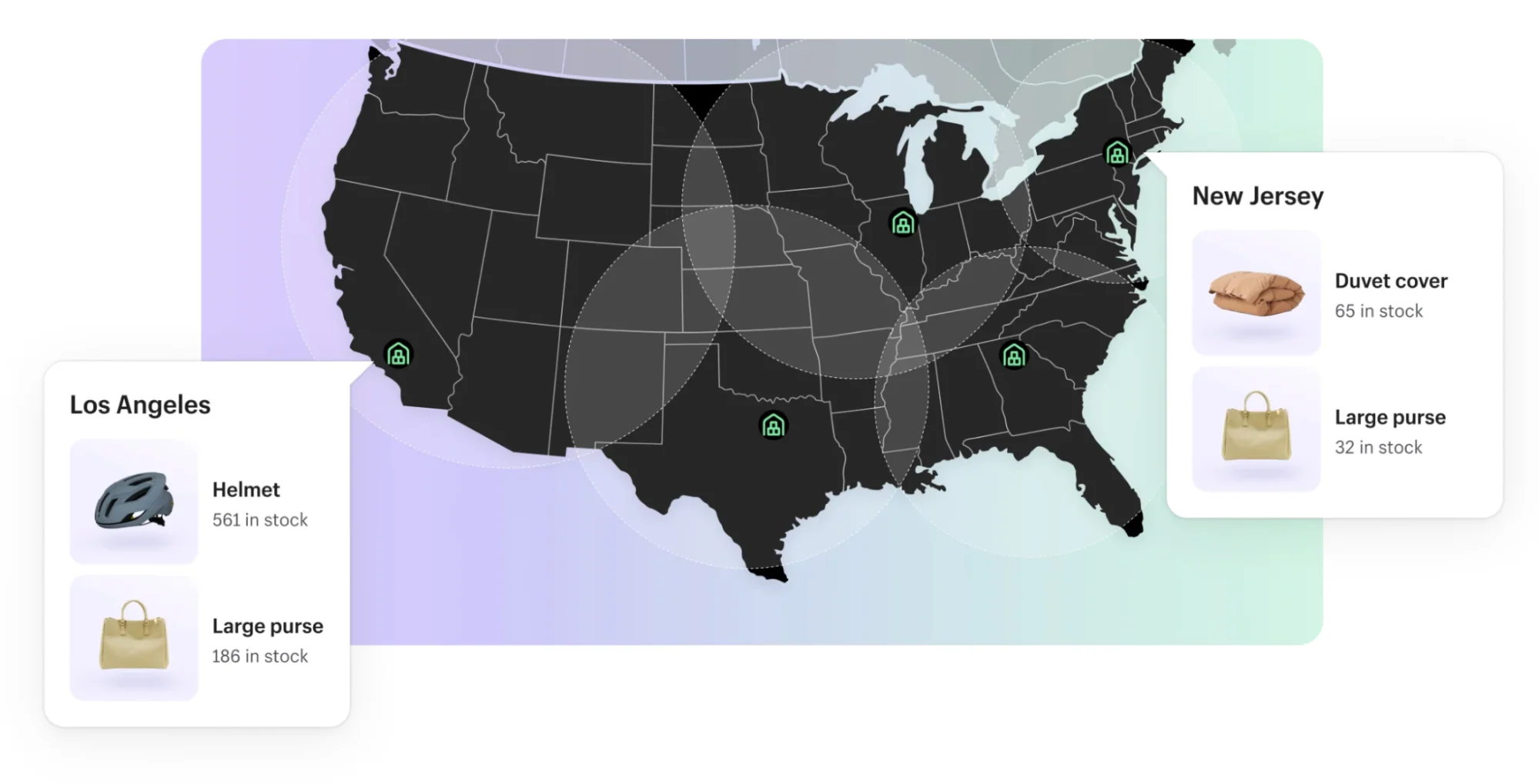 Map of the United States showing inventory in Los Angeles and New Jersey warehouses.