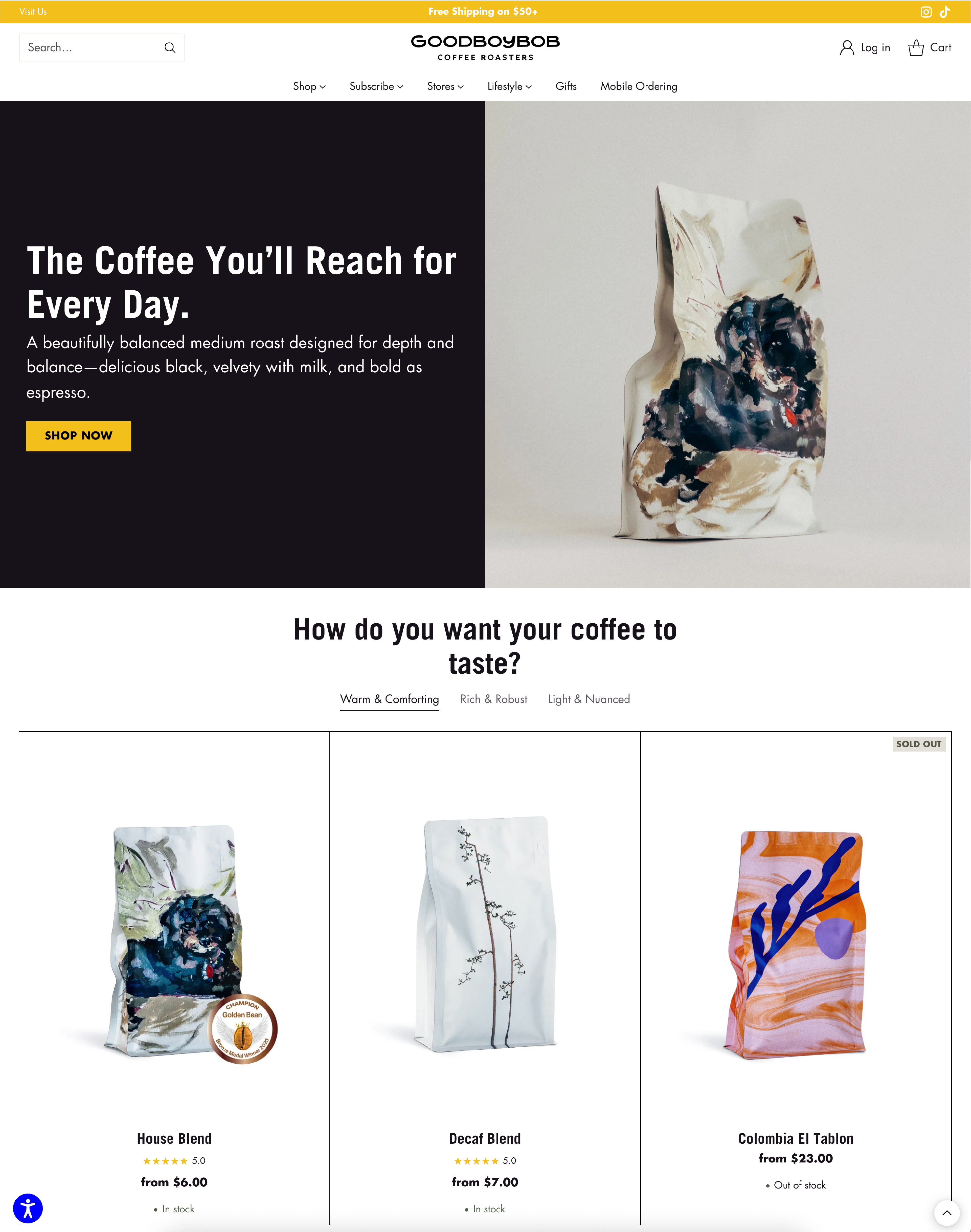 A screenshot of Goodboybob Coffee Roasters’ flat design website.