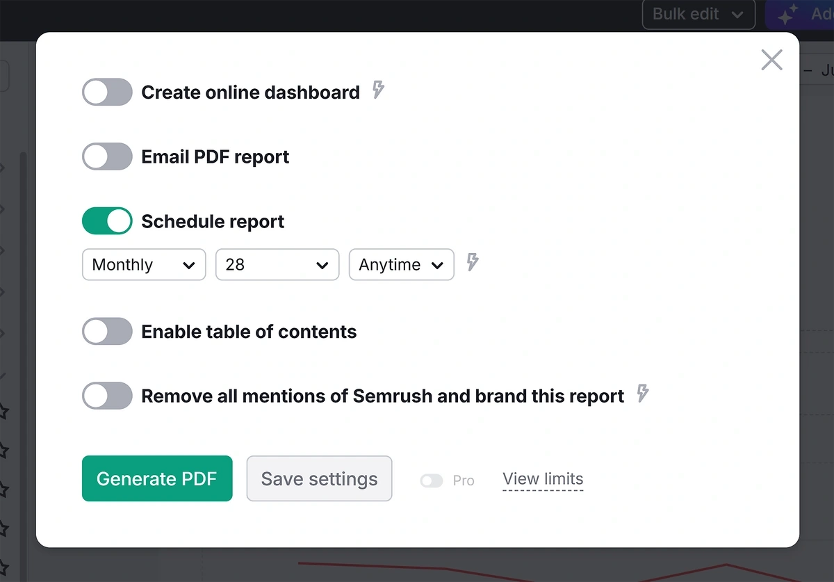Semrush report scheduling options