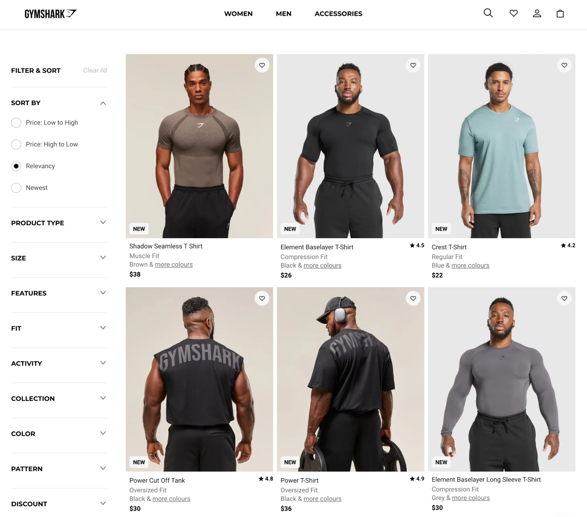 Men’s Gymshark shirts and tanks in various fits, colors, and prices displayed in a product grid.