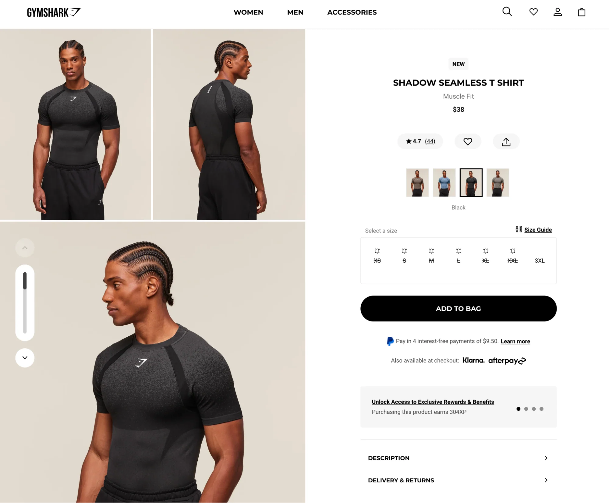 Model wearing black Gymshark Shadow Seamless T-Shirt with front, back, and side views shown.