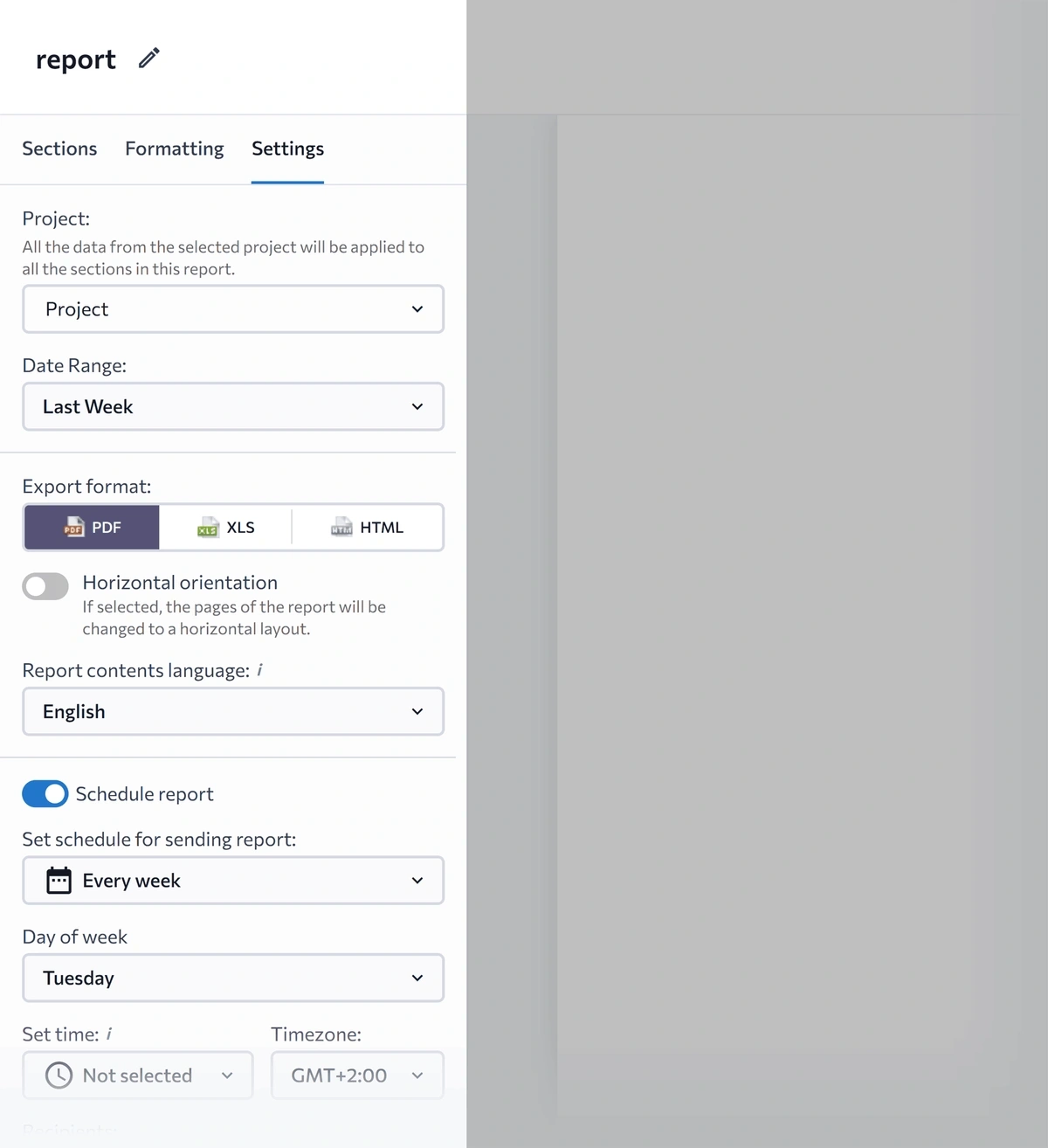 SE Ranking scheduling settings in the report builder