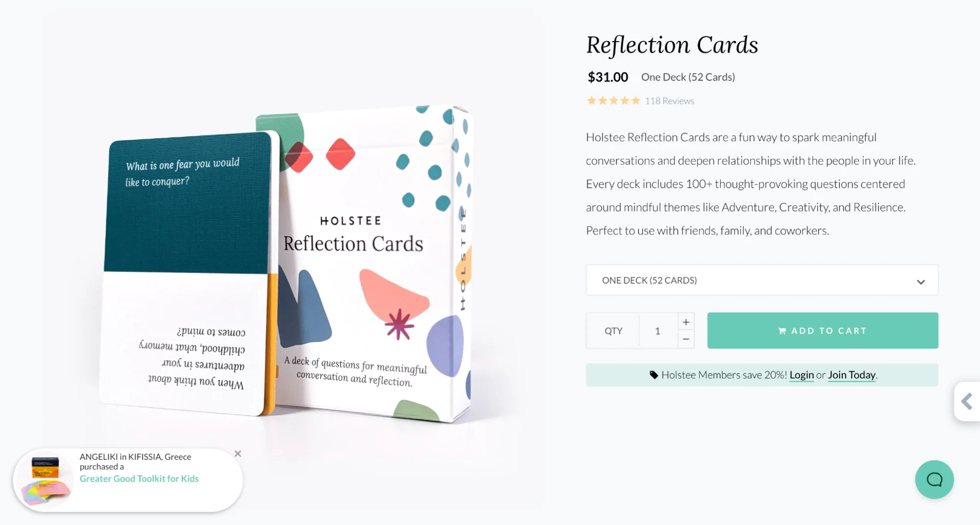 Holstee's Reflection Cards' product page details the product's use case with text and videos.