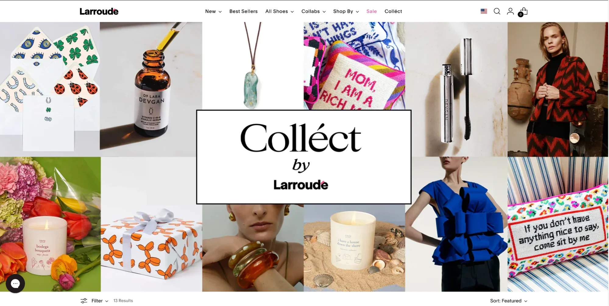 A collage showcasing various products including a vitamin serum, jewelry, a candle, and decorative items, centered around the text "Colléct by Larroude."