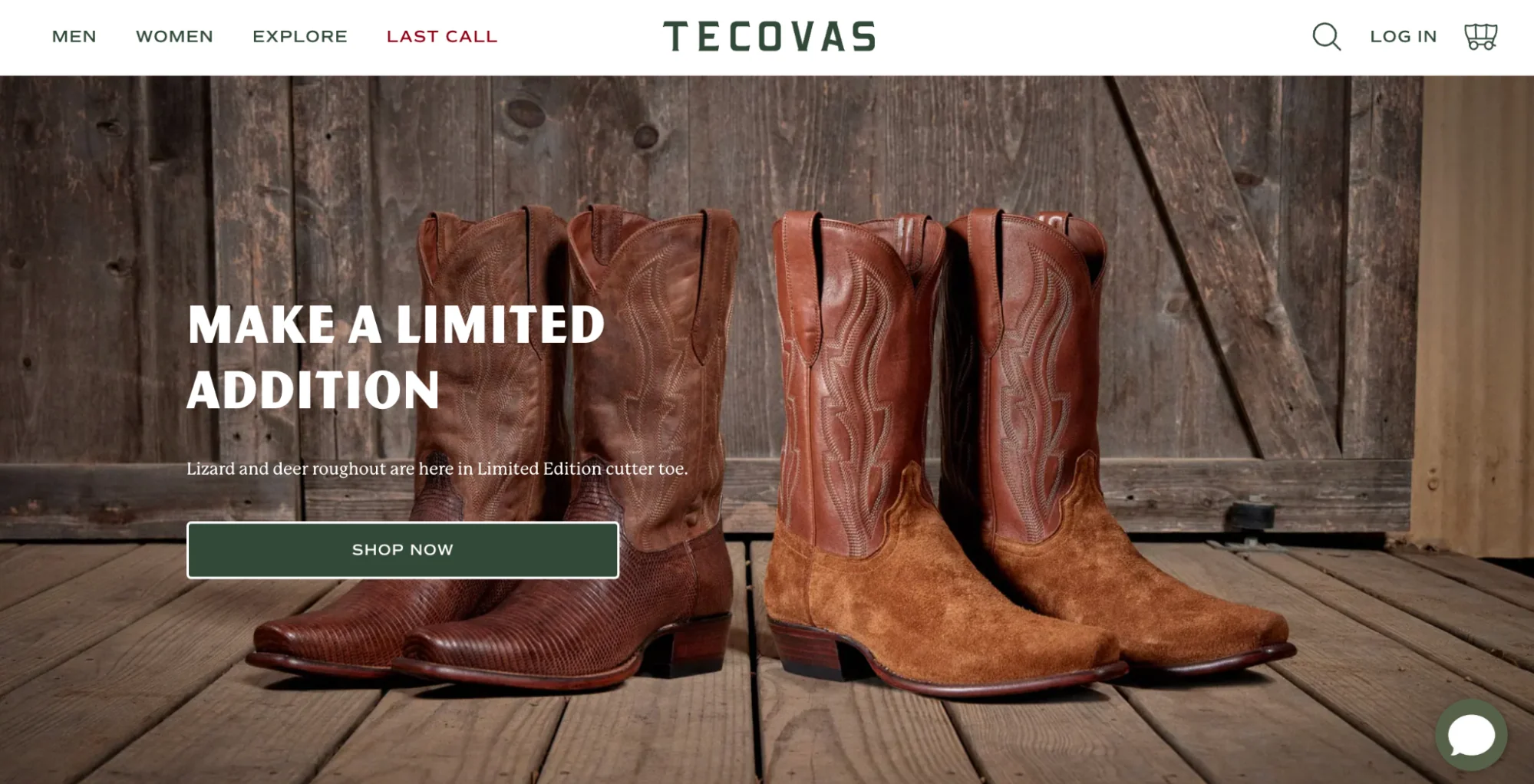 Website homepage of Tecovas featuring a selection of cowboy boots.