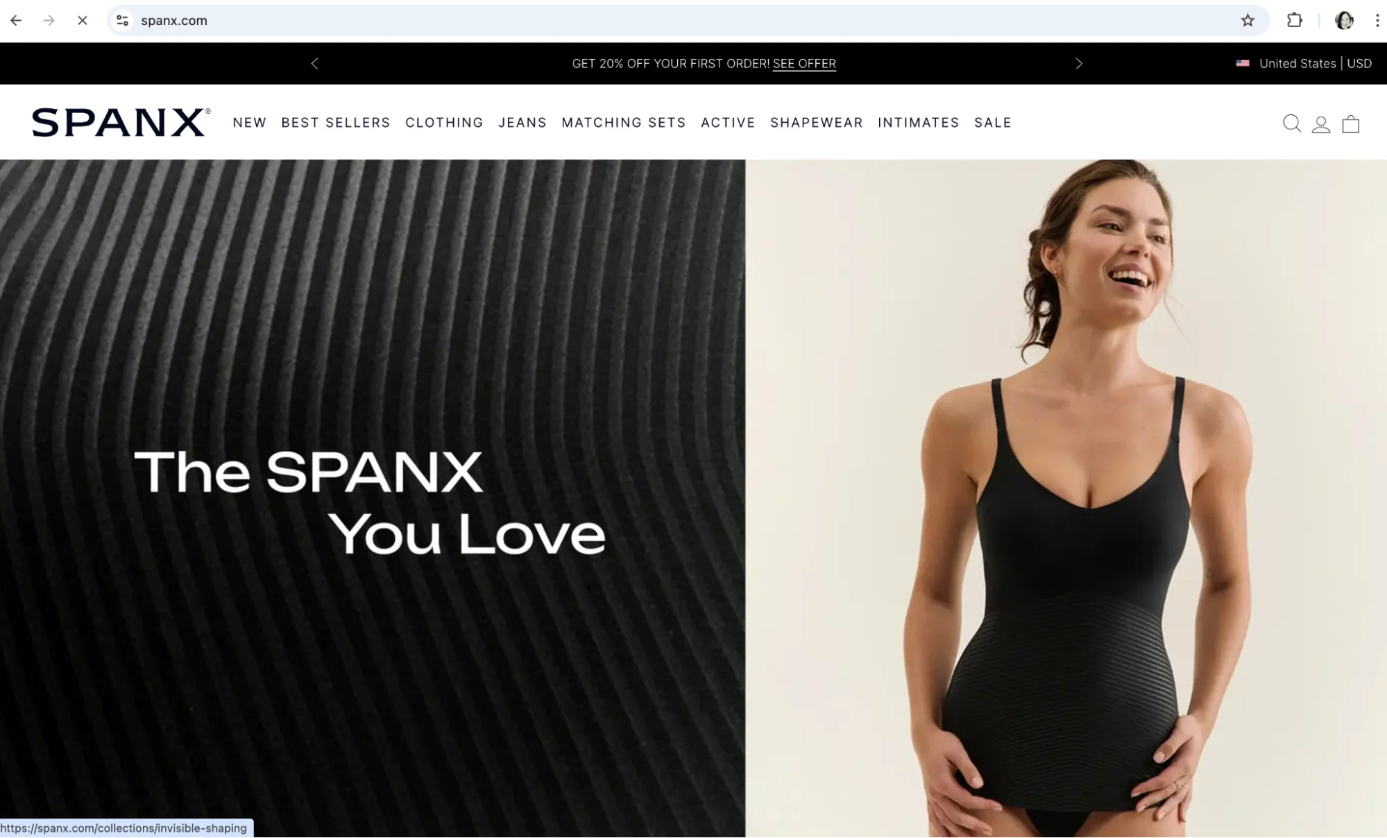A model poses in a black shapewear garment against a light background, promoting the message "The SPANX You Love" on a fashion website.
