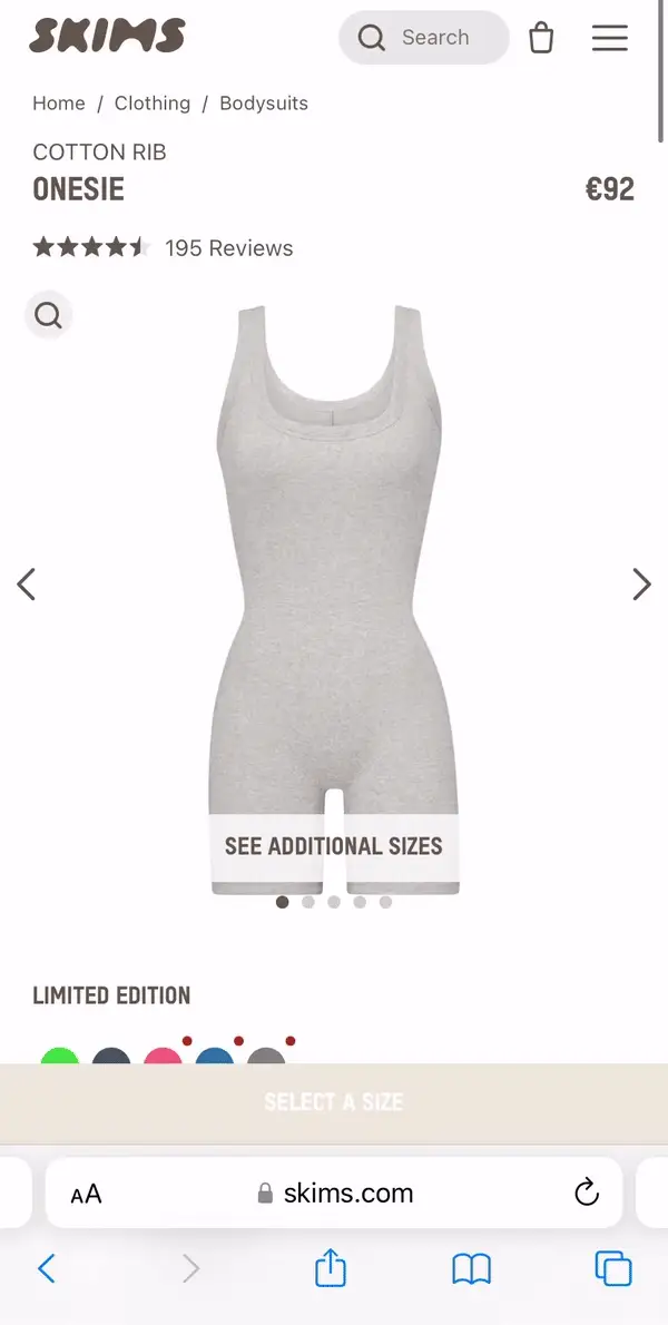 Screen recording of the mobile experience on the SKIMS site showing different products and sizing info.