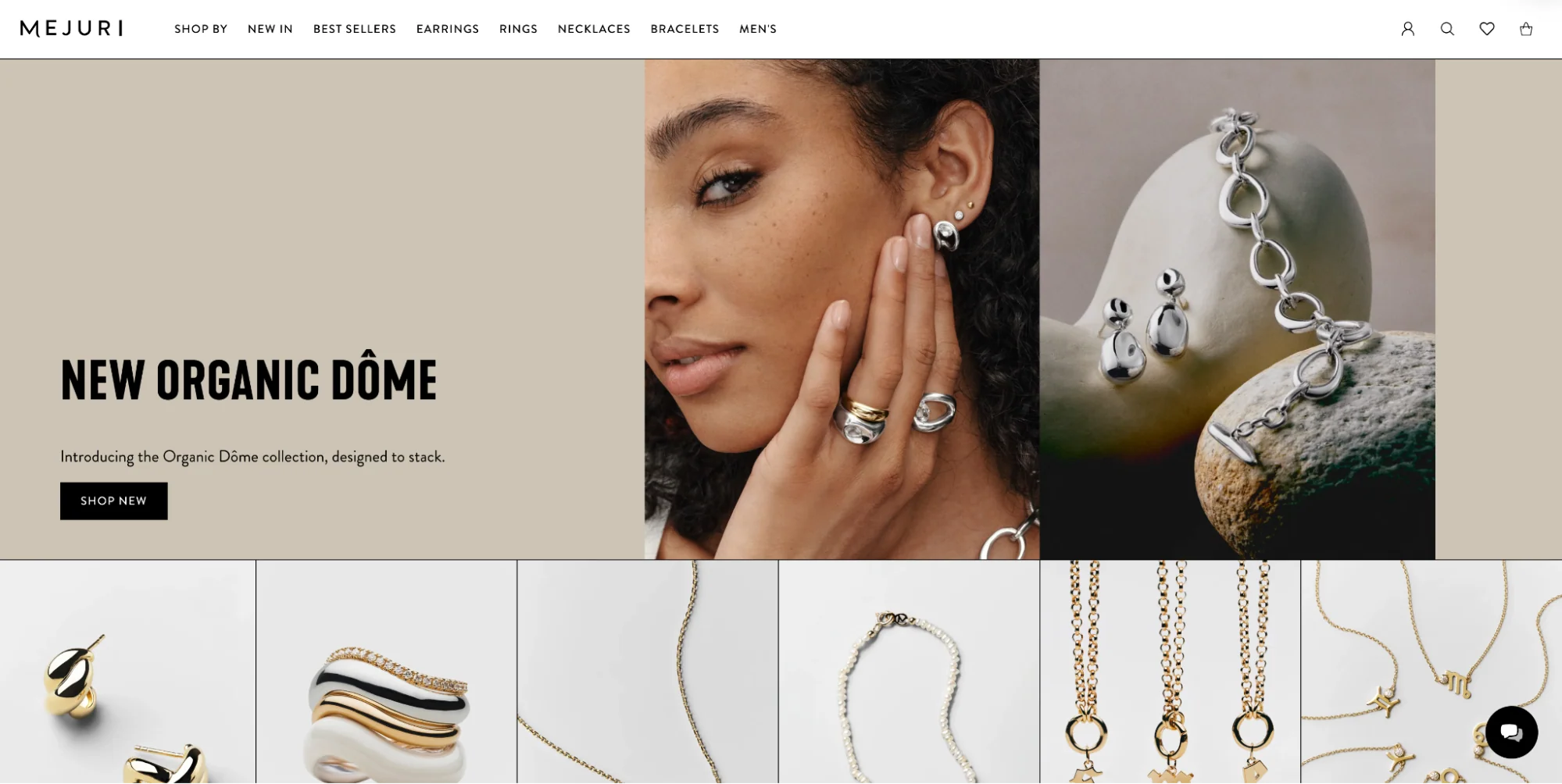 The webpage showcases Mejuri's "NEW ORGANIC DÔME" collection with elegant silver and gold jewelry options displayed alongside the text inviting to shop.