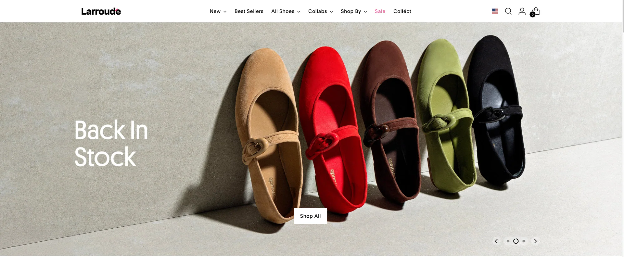 A display of colorful Mary Jane shoes in tan, red, brown, green, and black, set against a gray background, with the text "Back In Stock" prominently featured.