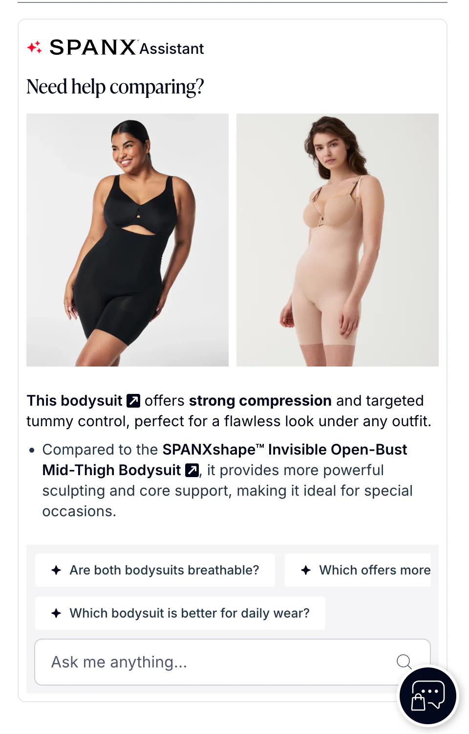A side-by-side comparison of two bodysuits, one black and one nude, with text discussing their features, including strong compression and support options.