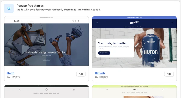 Examples of Shopify theme templates including a sample shampoo store and fashion website.