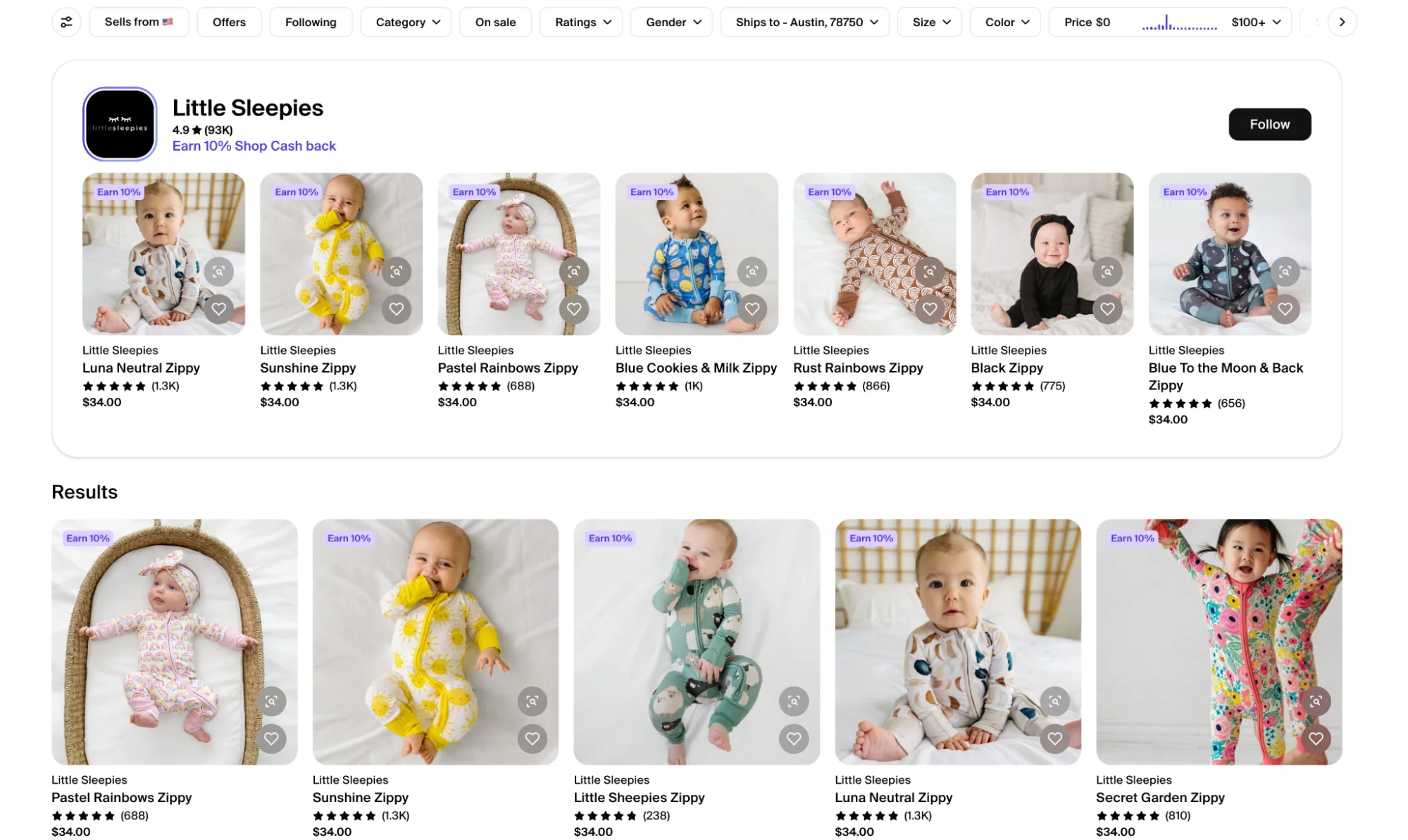 A grid of baby outfits from Little Sleepies showcases various colorful zippy designs. Each item includes a photo, price, and star ratings for quality.