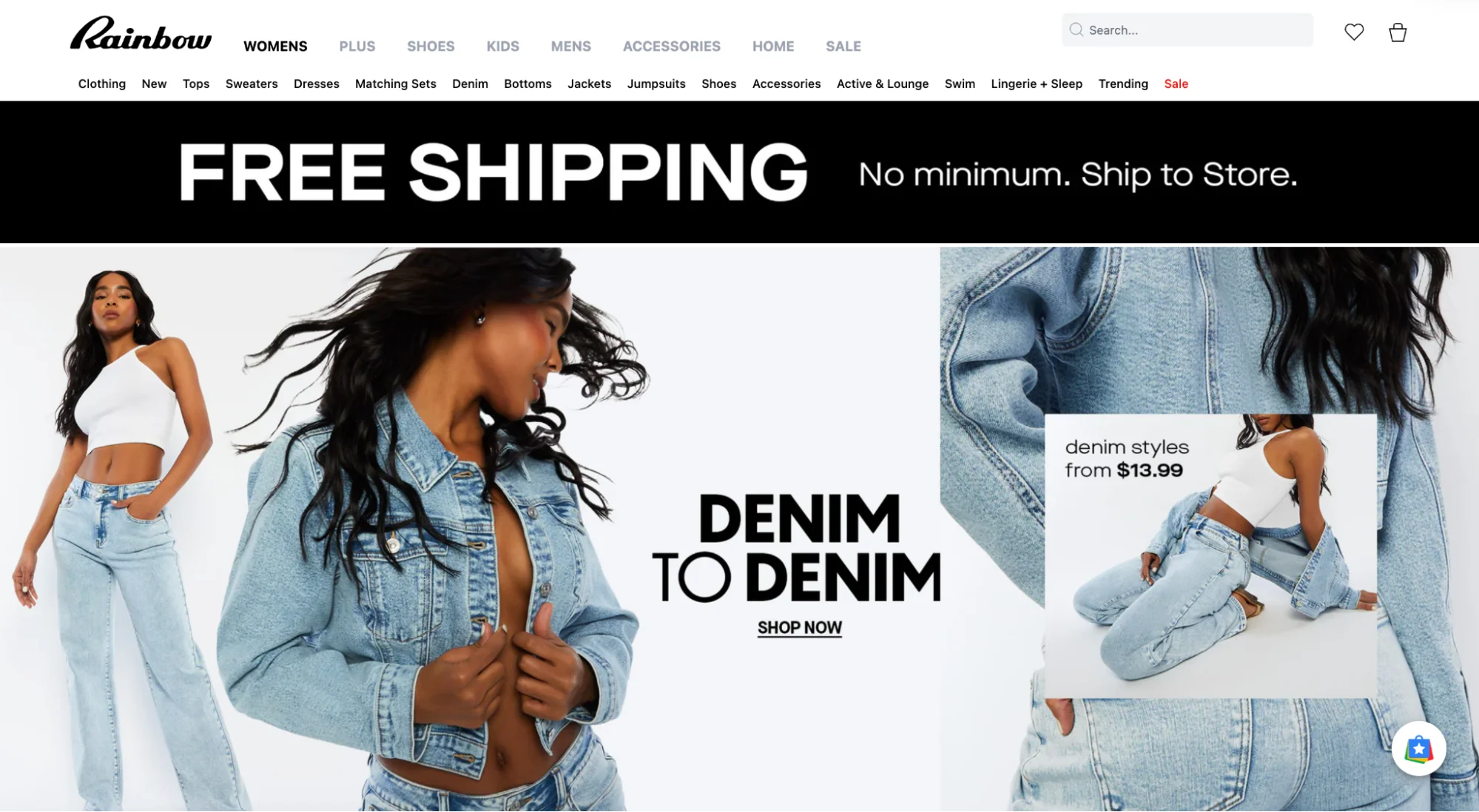 A fashion website banner featuring a model in denim attire, promoting "FREE SHIPPING" and "DENIM TO DENIM" with prices starting at $13.99.