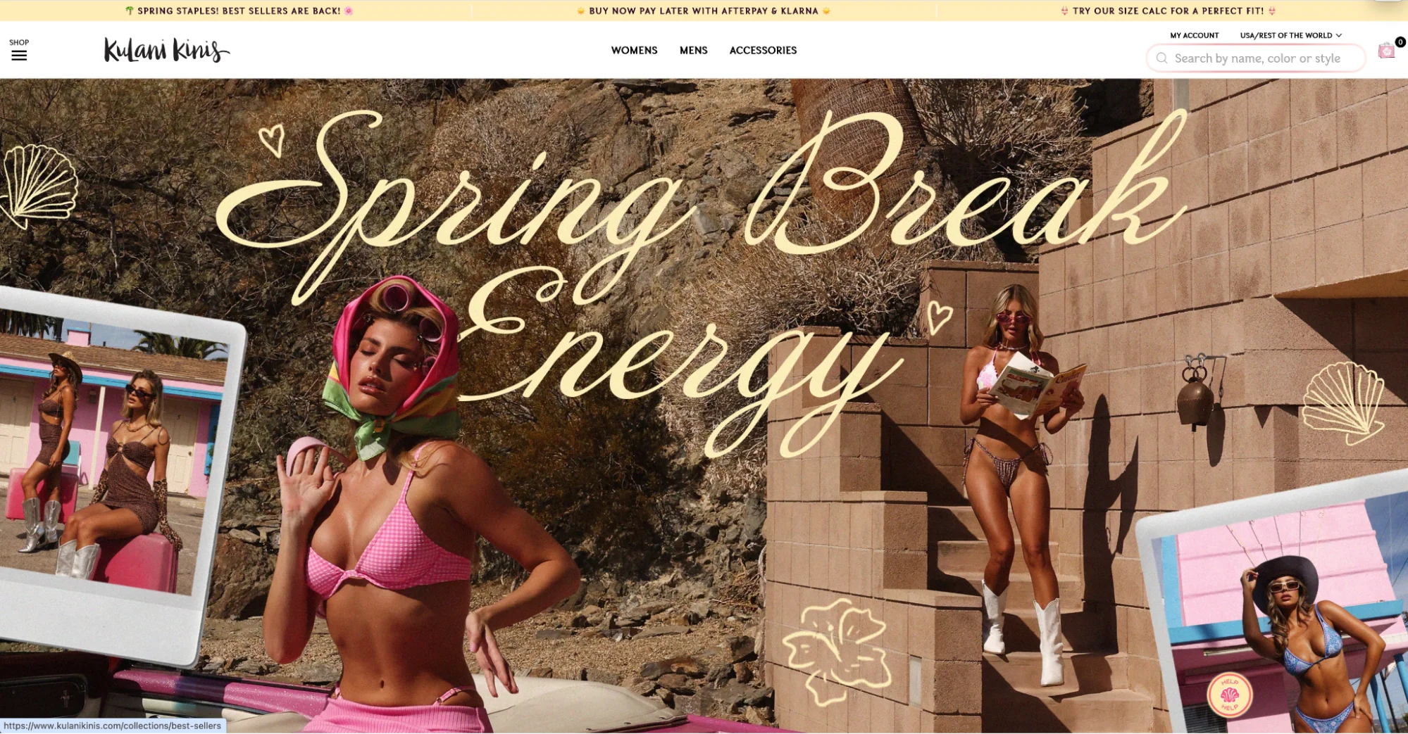 A vibrant promotional banner for Kulani Kinis featuring models in swimwear, with the text "Spring Break Energy" and colorful graphics against a sunny backdrop.