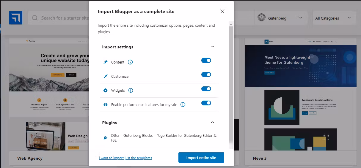 Importing starter site in Neve.