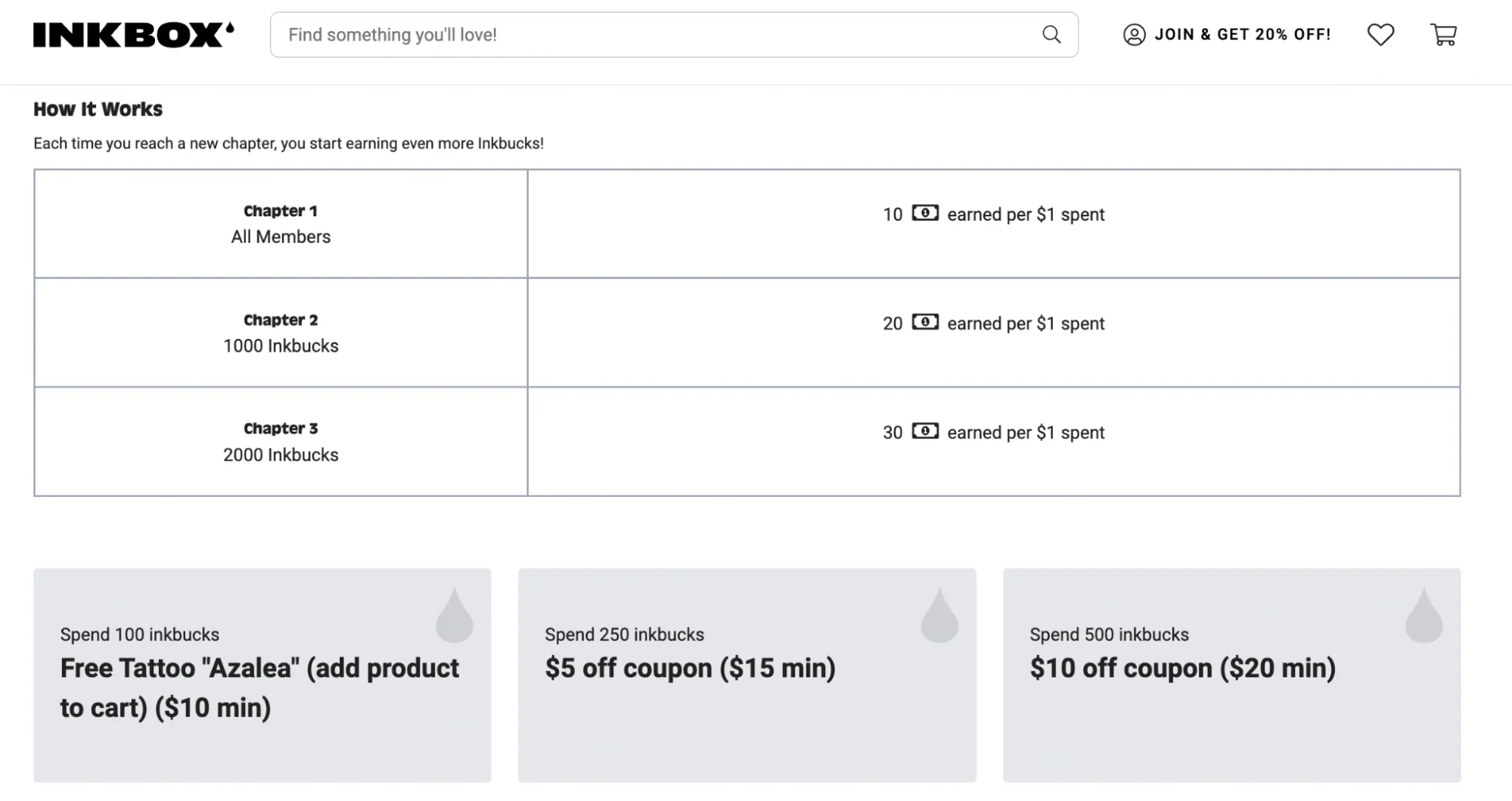 Inkbox’s tiered loyalty program page.