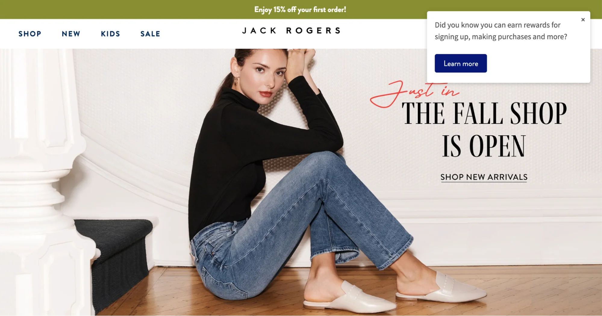 Jack Rogers model in fall attire, promoting the new fall shop collection and 15% off offer.