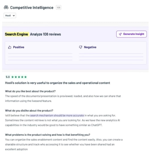 Klue’s competitor analysis tool shows AI-generated review summaries and sentiment breakdowns for search engine products.