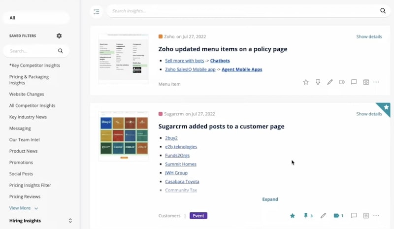 Kompyte’s insights feed tracking competitor updates, including menu and customer page changes.