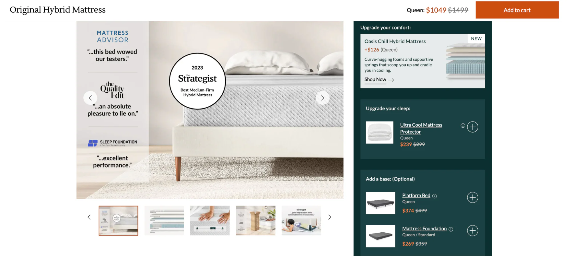 Leesa's hybrid mattress product page encourages users to add complementary products to their cart.