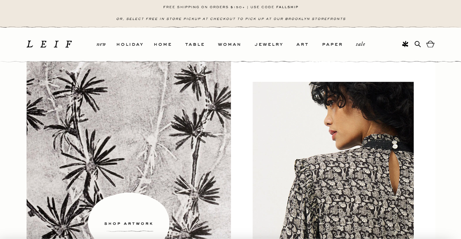 LEIF homepage with a model in a dress and a button to Shop Artwork.