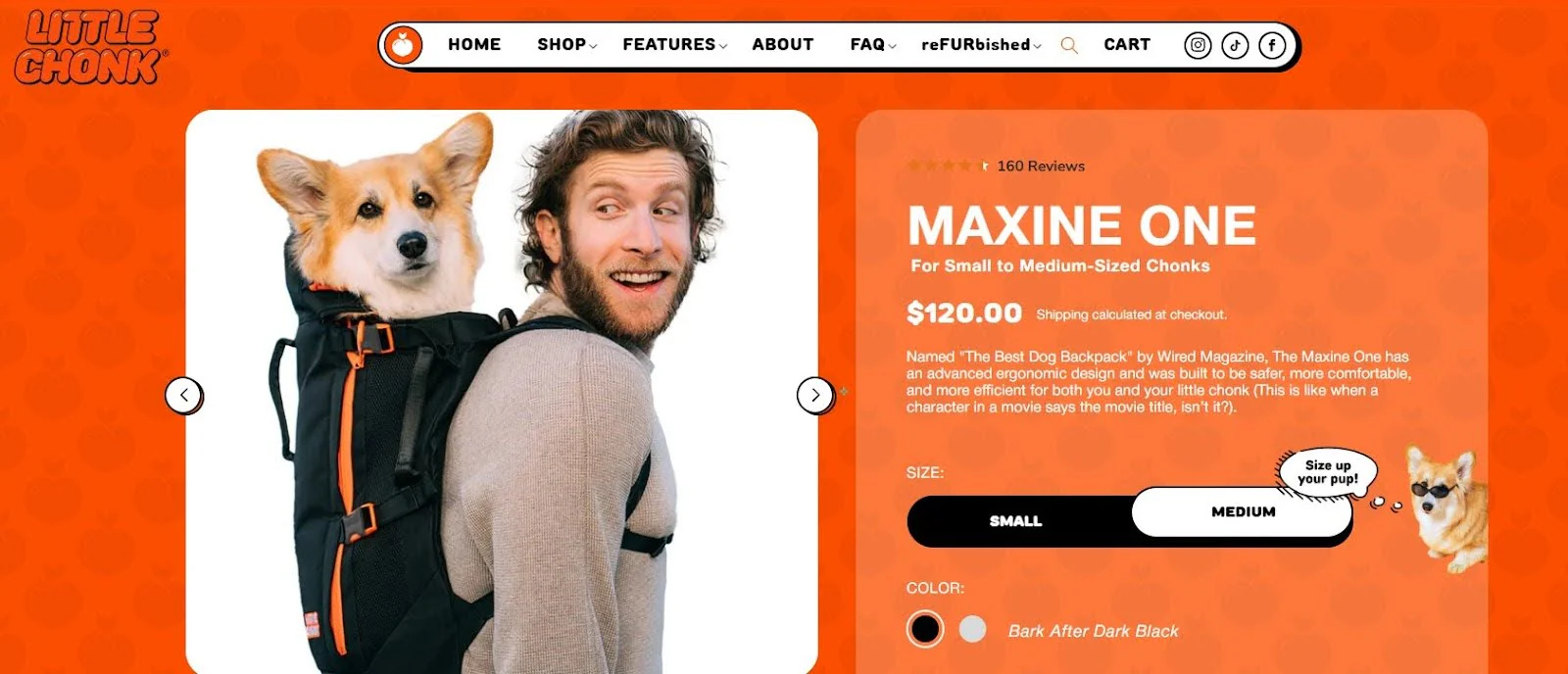 Screenshot of Little Chonk’s Maxine One dog backpack order page, available in small and medium sizes, featuring cofounder Bryan Reisberg carrying his corgi on his back.