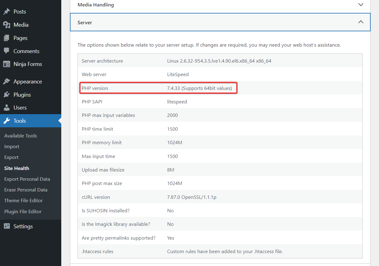 locating php version in site health - the link you followed has expired.
