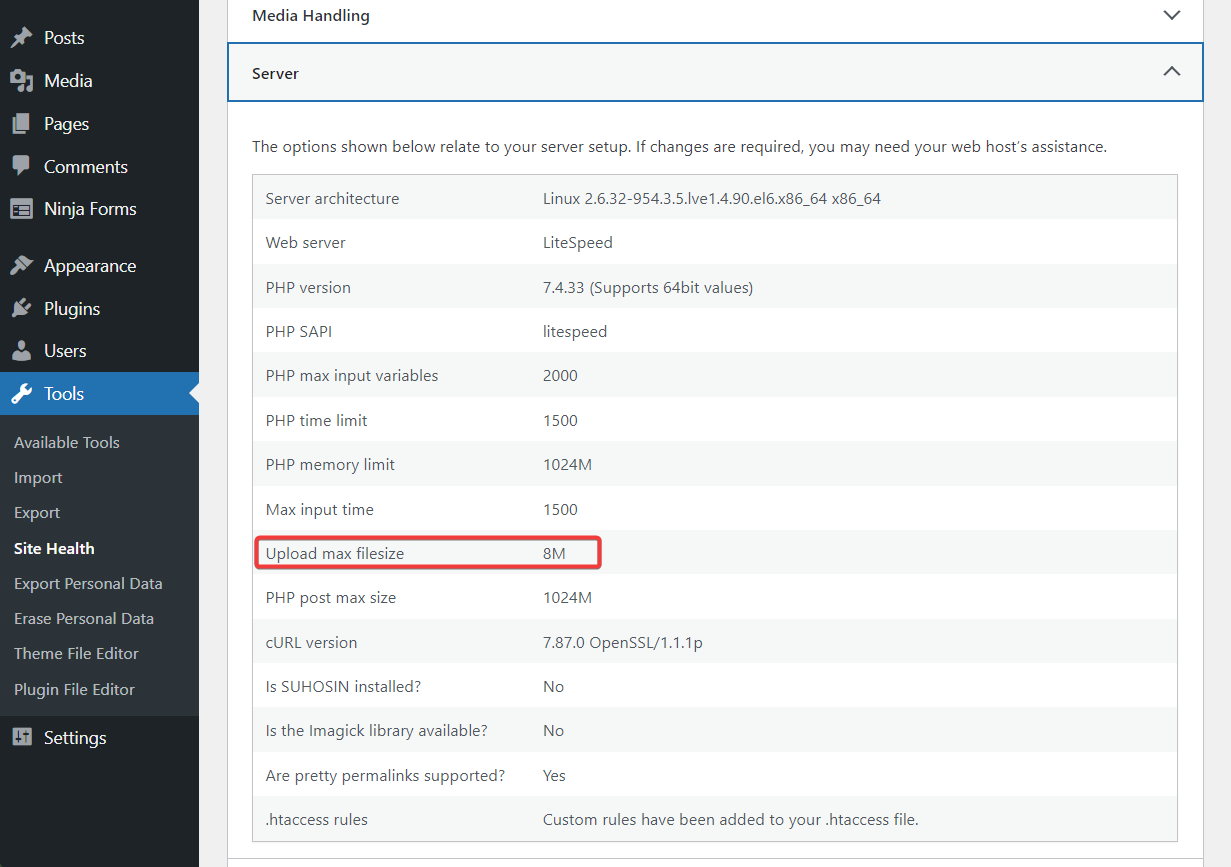 locating upload limit in site health.