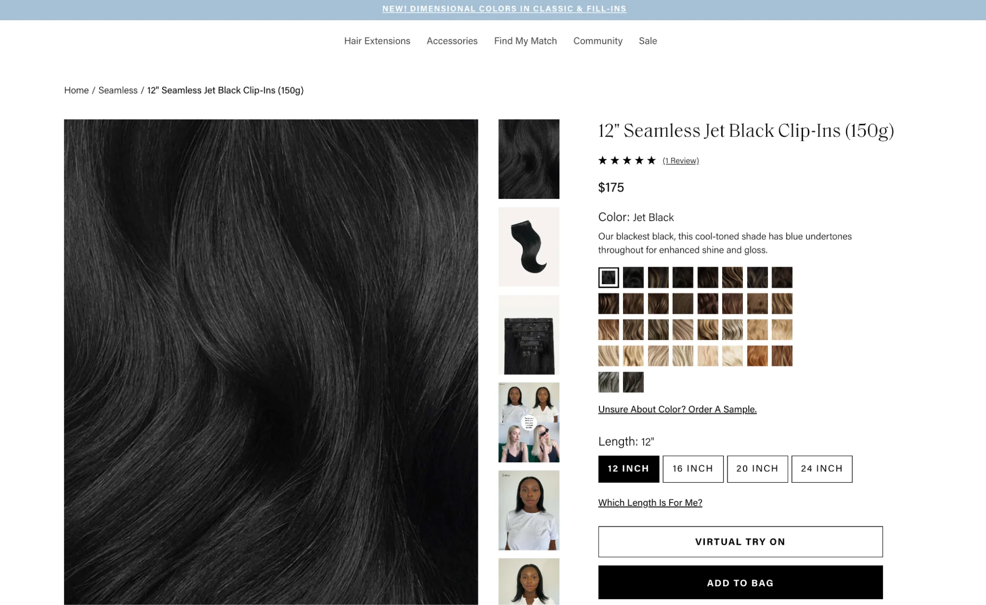 Hair extension product page allows a large selection of product variants and virtual product try-on.