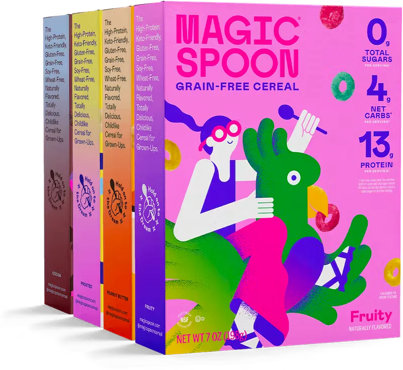 Four Magic Spoon cereal boxes with colorful packaging and a character riding a green rooster.